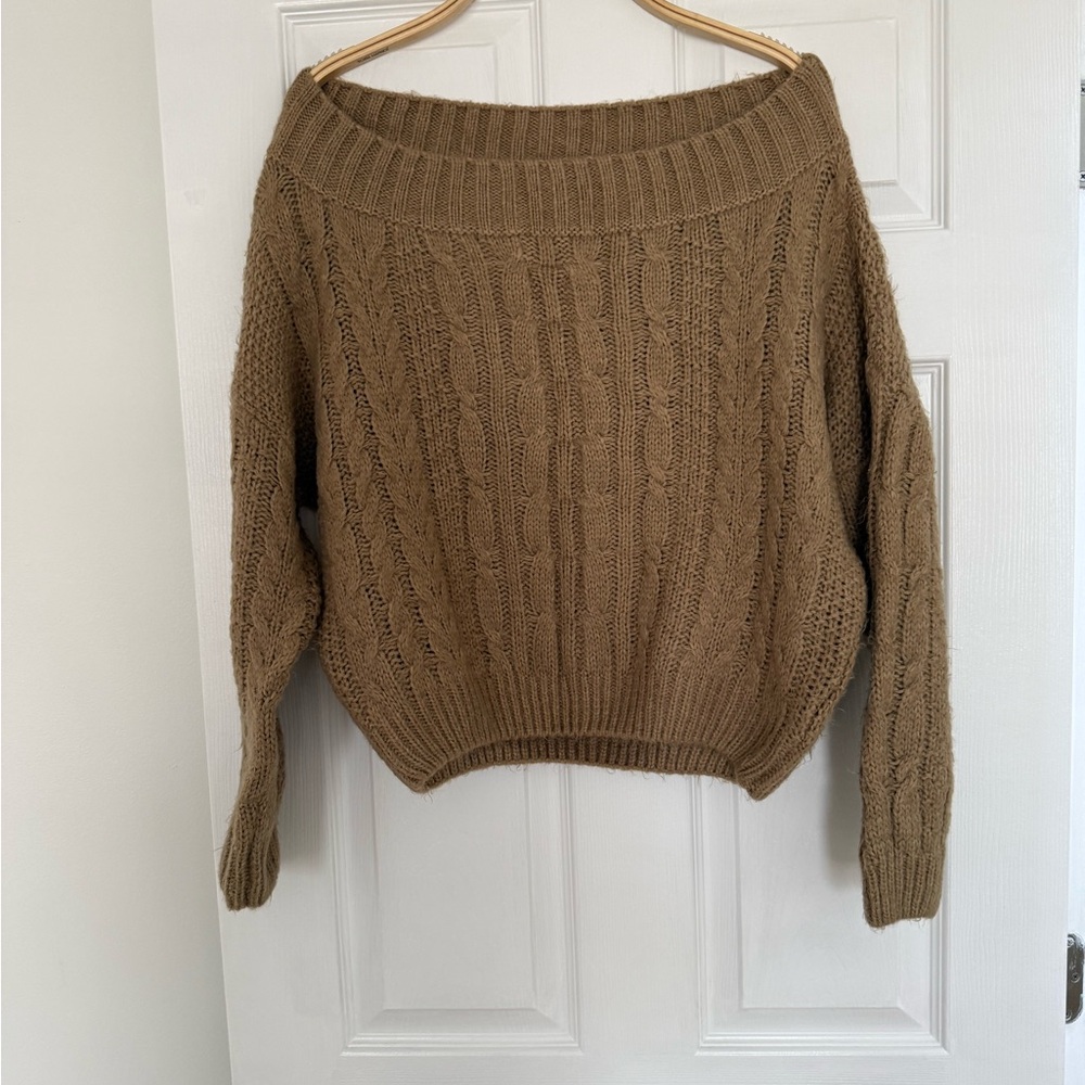 Sexy open shoulder Lught Brown Cable Knit mohair Sweater